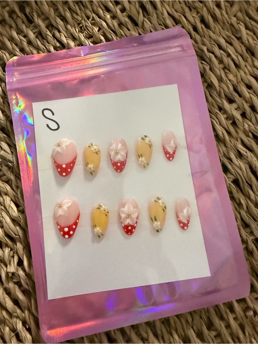 ❤️ Handmade Press-On Nails Set - Pink, Red & Yellow Floral ❤️